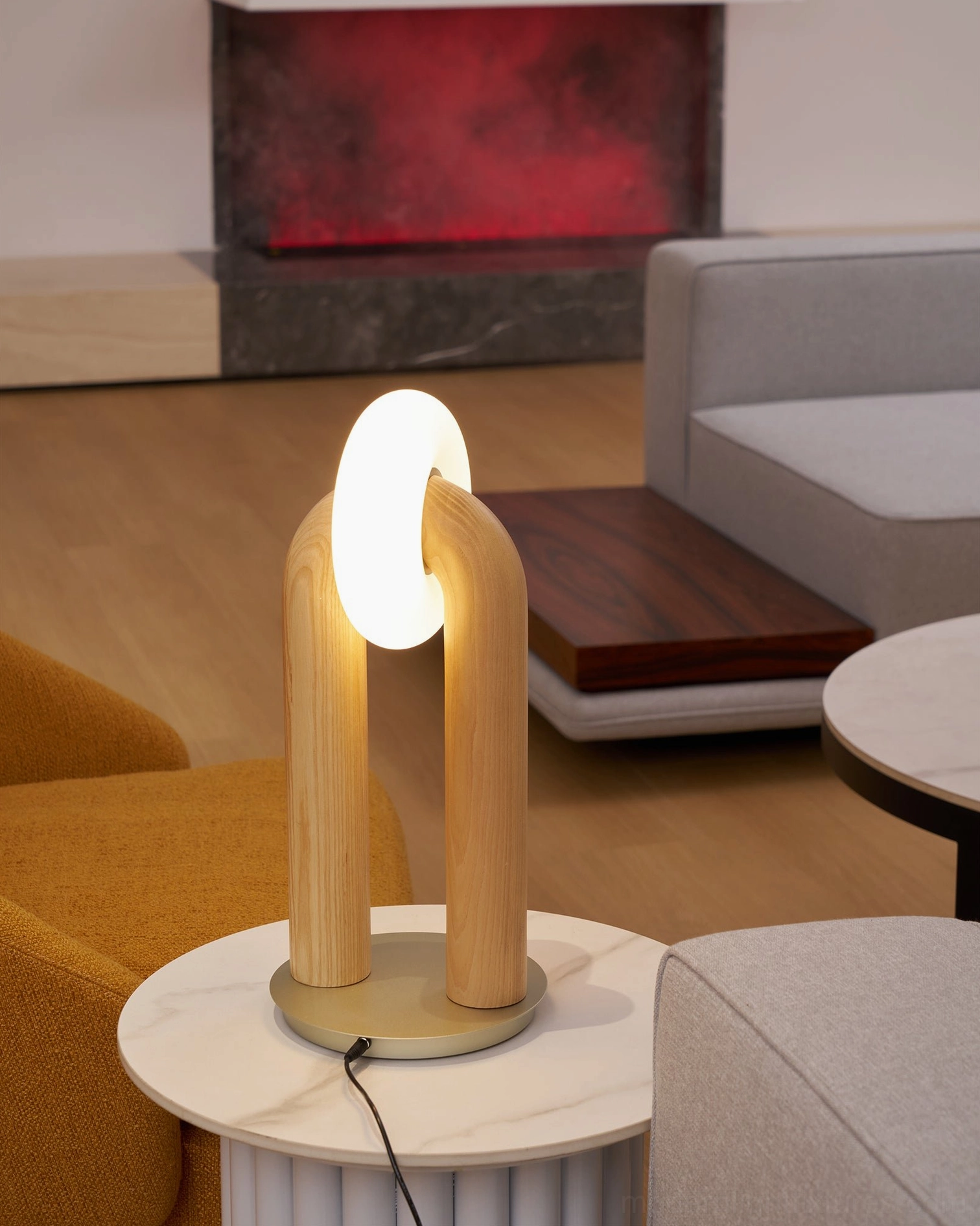 Teelo natural wood table lamp with touch control base operation in modern home office workspace