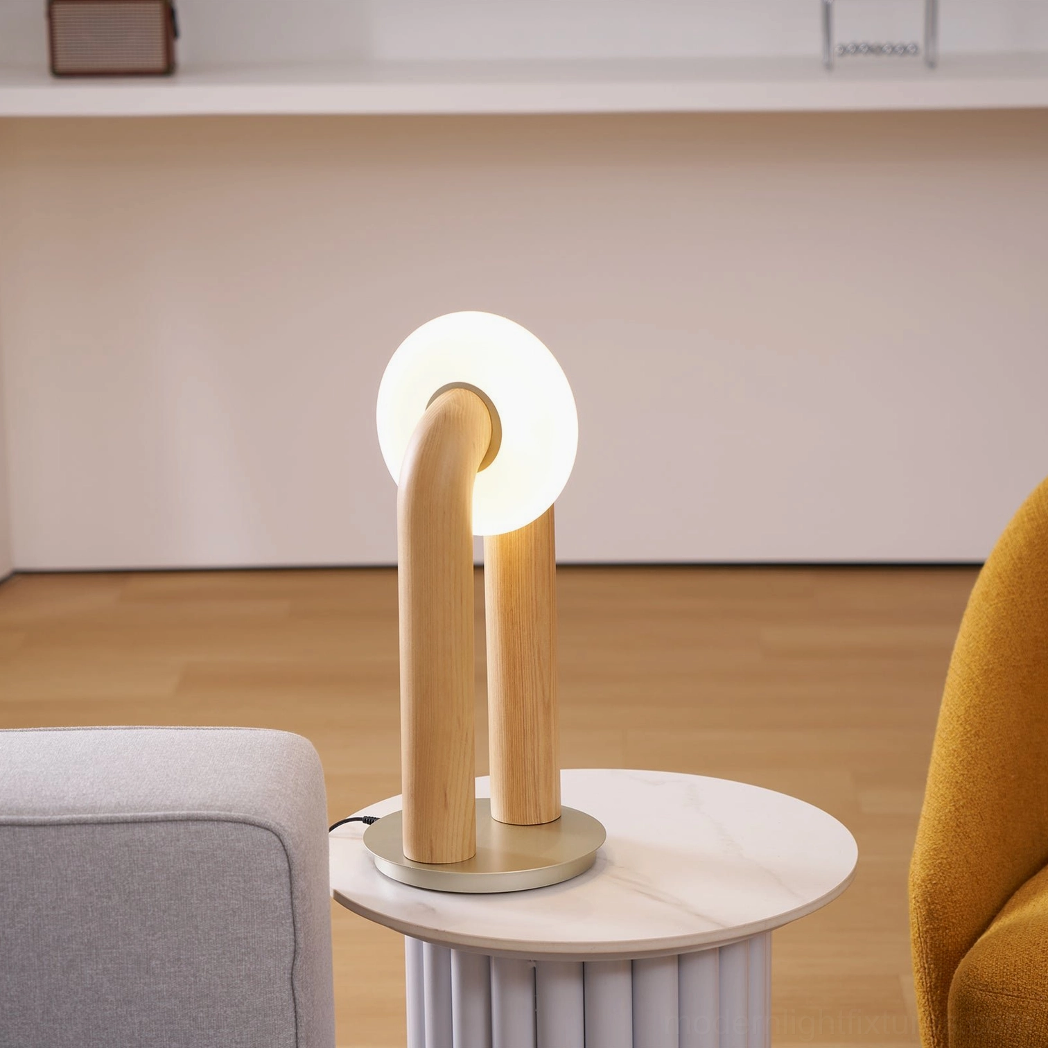 Teelo lamp in walnut finish paired with contemporary furniture in minimalist Scandinavian interior