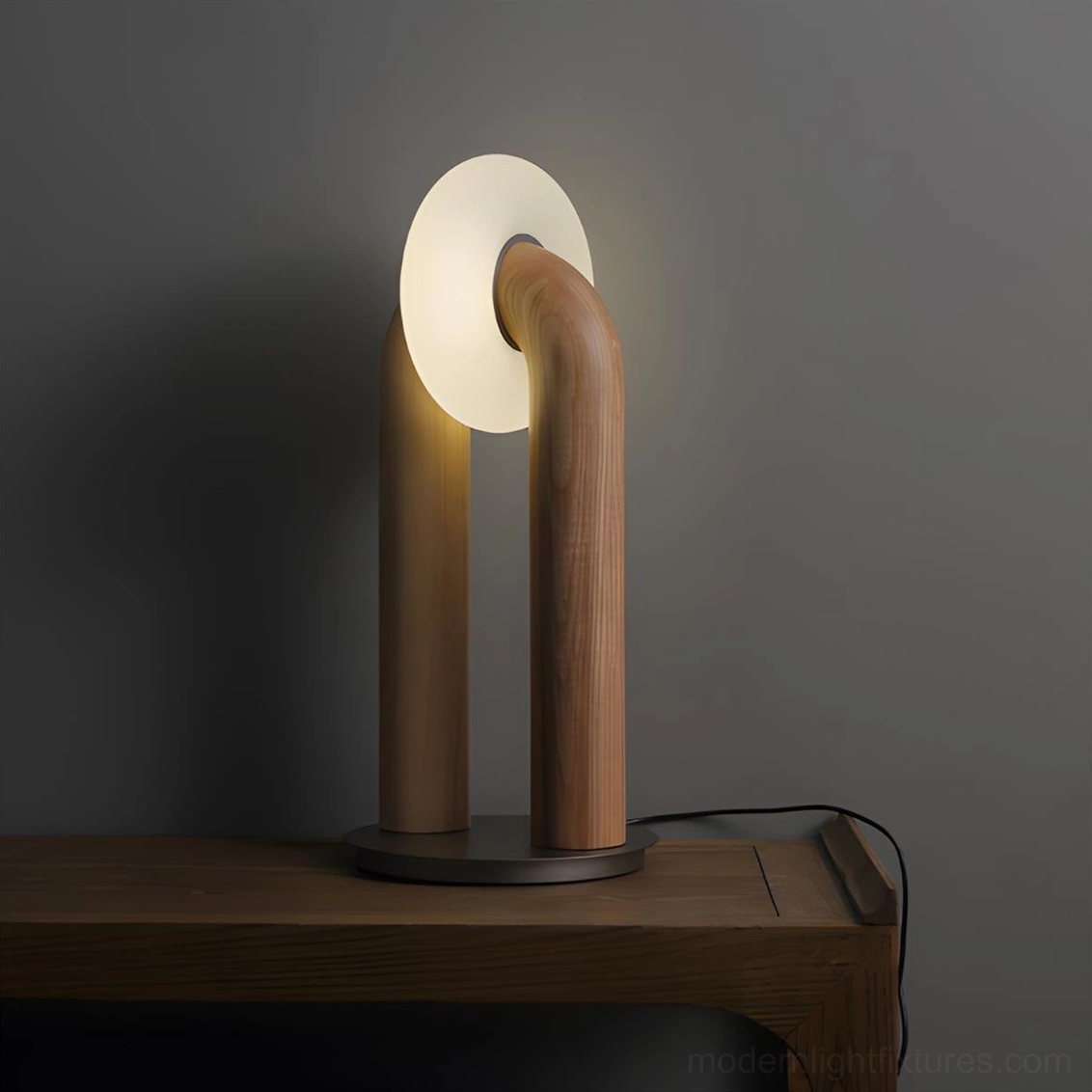 Teelo minimalist table lamp walnut finish 20cm diameter 45cm height in modern home interior setting