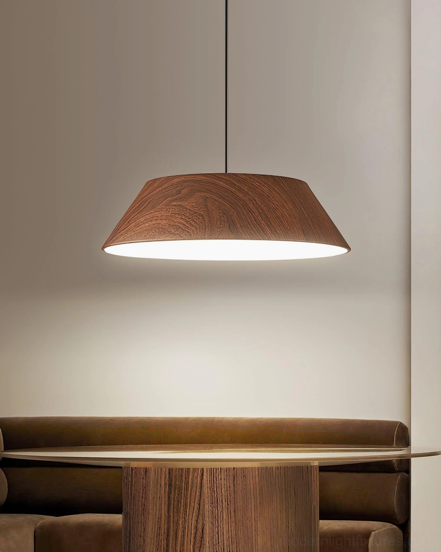 Dark brown Tekio wooden pendant lamp side view minimalist Nordic dining nook contemporary design