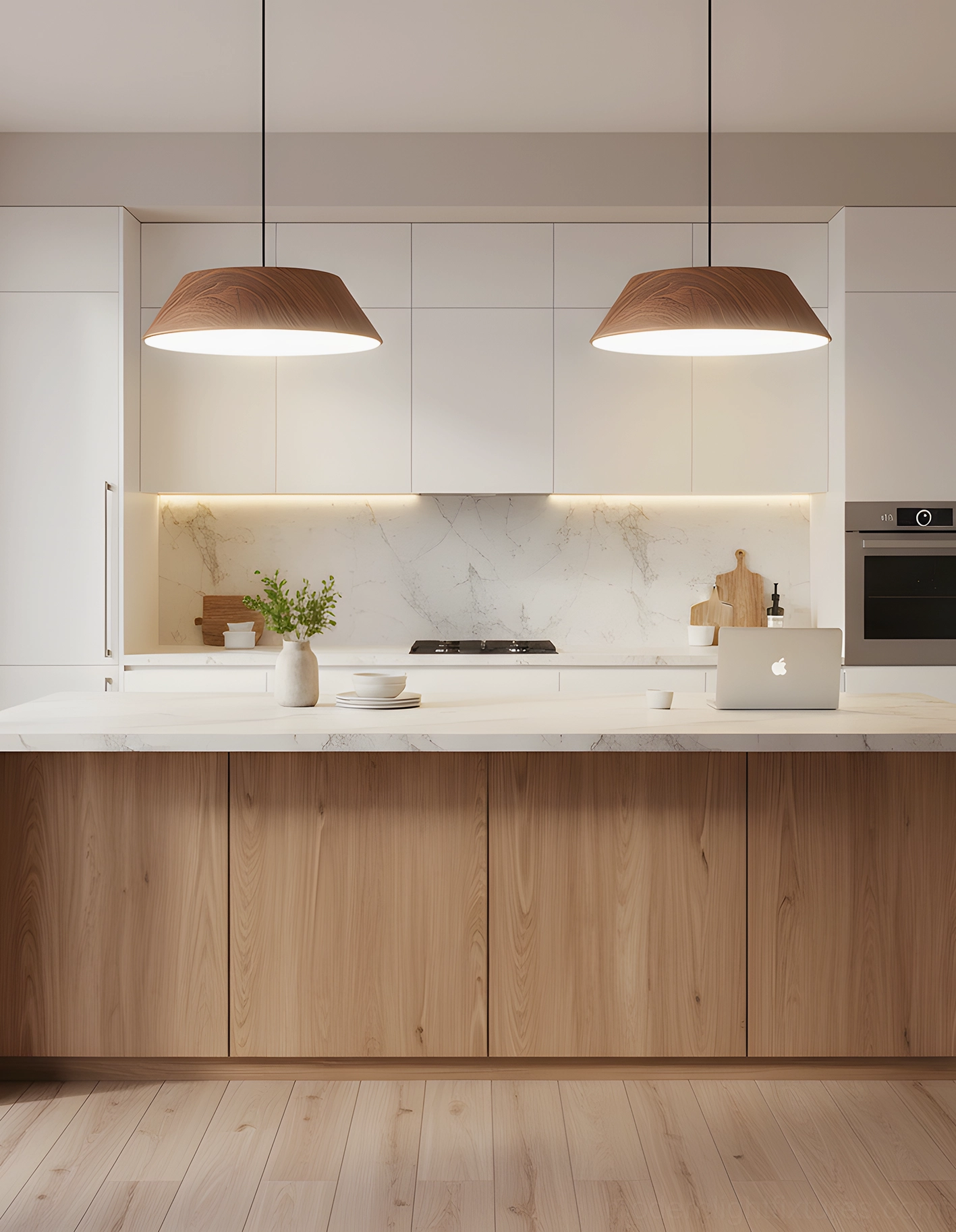 Two Tekio pendant lamps with walnut wood grain finish suspended above modern kitchen island contemporary space