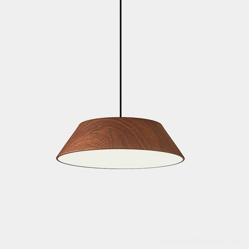 Tekio wood grain pendant light front view studio shot showcasing walnut color water transfer printed metal shade with integrated LED