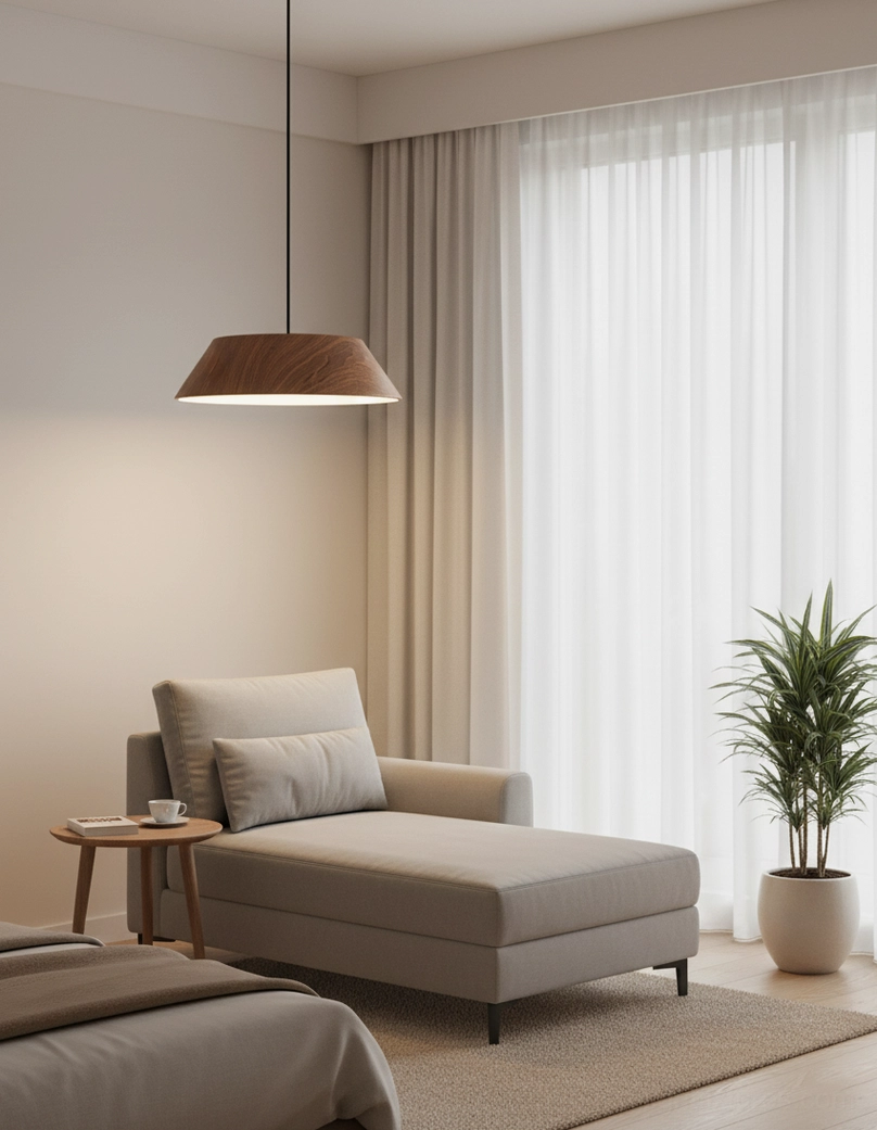Tekio trapezoid pendant lamp cozy bedroom lounge zone warm neutral home decor side perspective