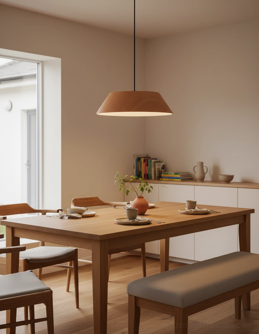 Tekio trapezoid wood pendant light wide angle formal residential dining room warm wooden furniture coordination