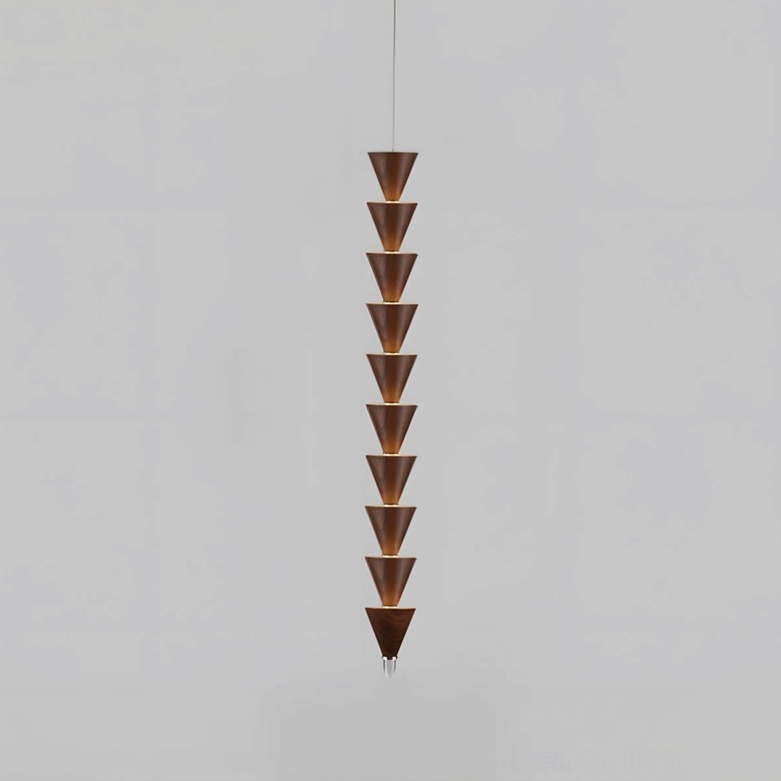 Ten-tier stacked cone pendant light creating vertical emphasis in contemporary interior spaces