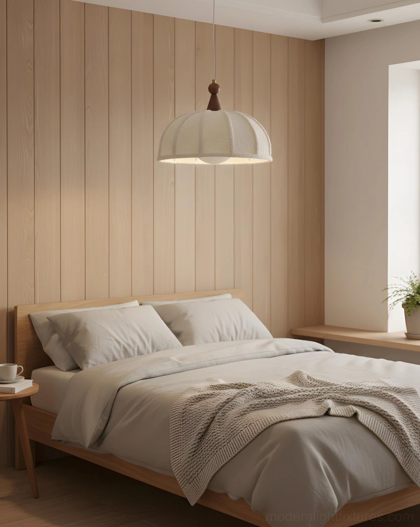 Tenera fabric pendant light in japandi bedroom with wooden panel wall and neutral bedding