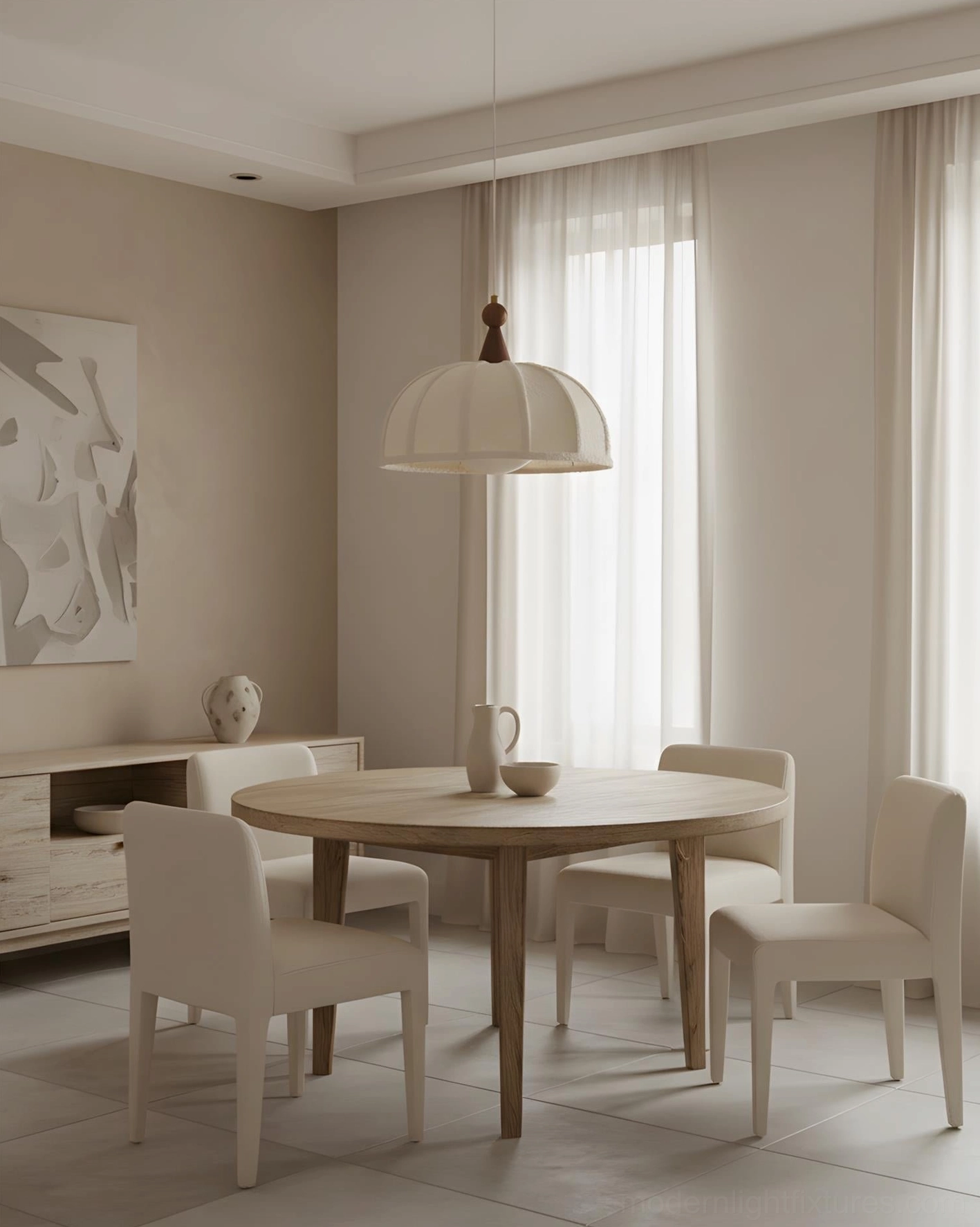 Tenera fabric pendant light beige ribbed shade with minimalist dining room setup