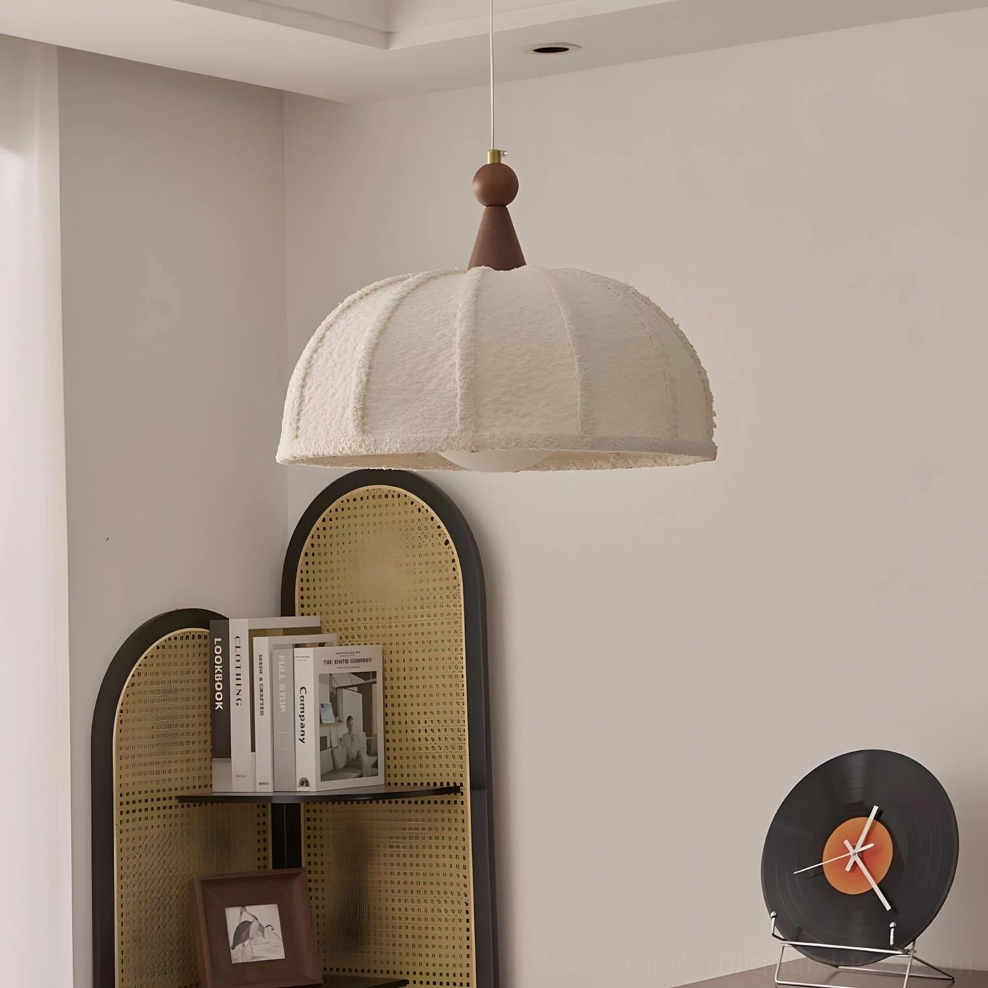 Tenera pendant lamp beige fabric shade with warm diffused lighting effect in room
