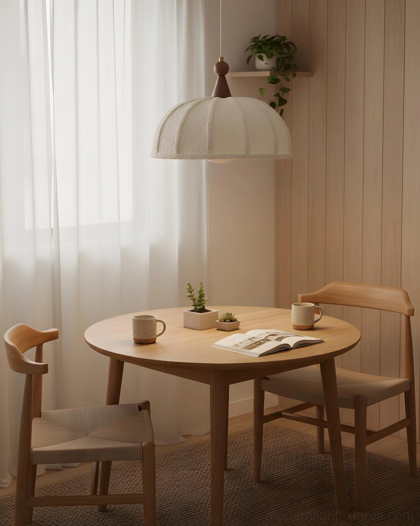 Tenera pendant lamp in small dining nook with wood furniture and japandi styling