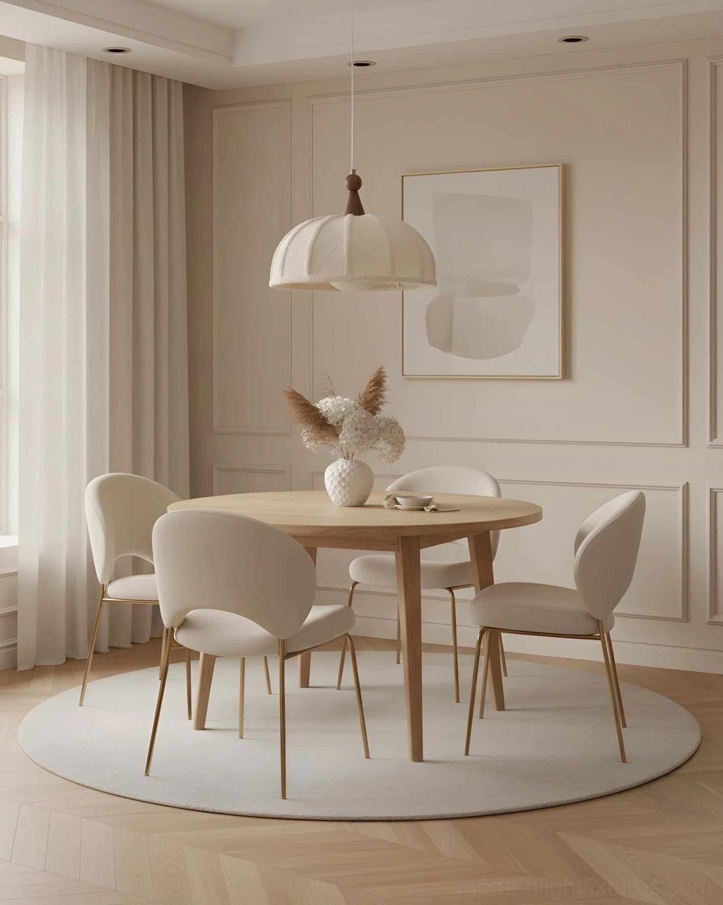 Tenera fabric pendant light above dining table in minimalist dining room with natural light