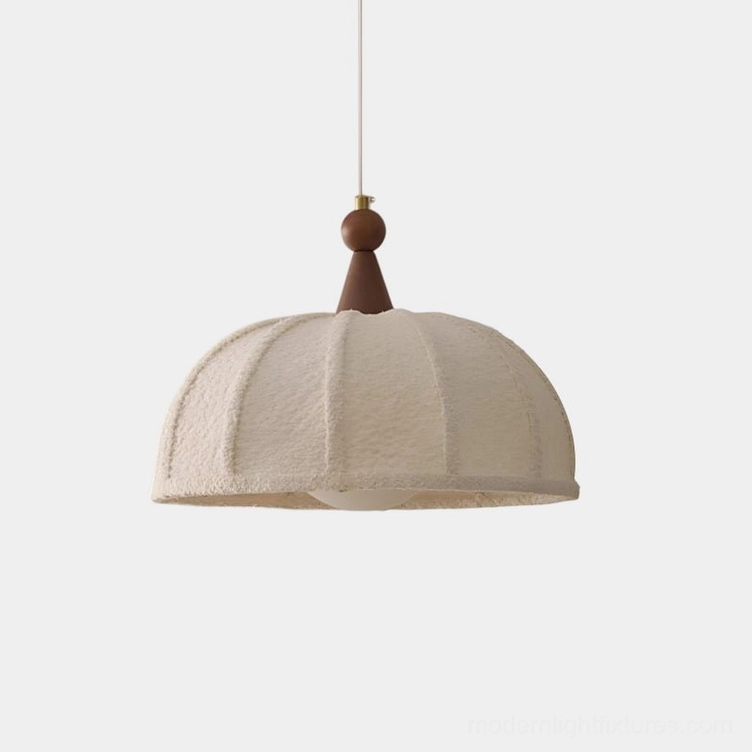 Tenera fabric pendant light with ribbed beige dome shade and walnut wood finial - front studio view