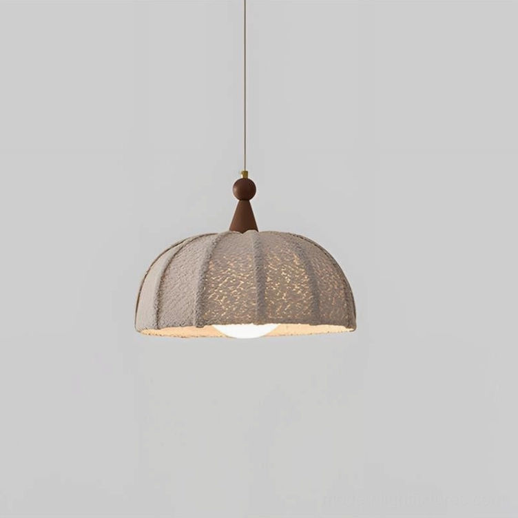 Tenera pendant light grey shade close-up detail - ribbed fabric texture and wood finial