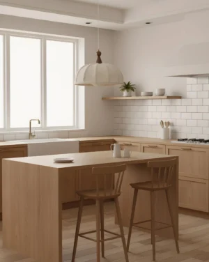 Tenera pendant lamp installed over kitchen island with wooden cabinetry - japandi kitchen design