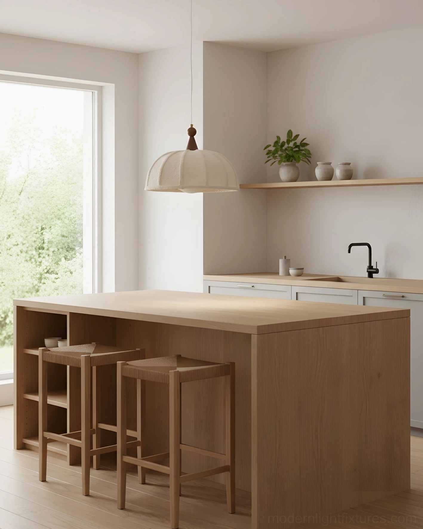 Tenera pendant light above kitchen counter in small apartment kitchen with wood cabinetry