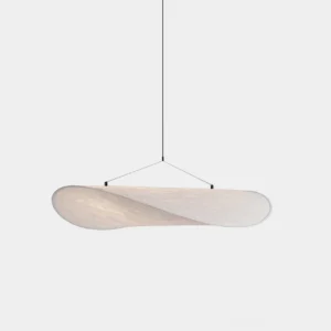 Tense modern pendant light with off-white mulberry silk fabric shade and black metal frame, front view on white background