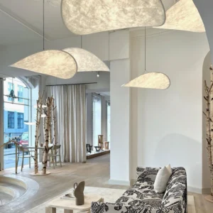Tense Tyvek pendant lamp cluster three disc modern pendant light installation bright contemporary living room