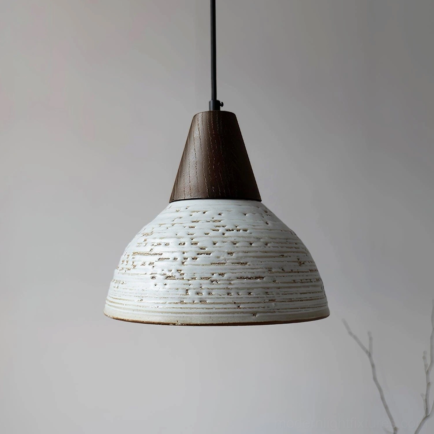 Tera ceramic pendant lamp overhead side close-up showing detailed distressed textured white shade and dark wood fixture top detail