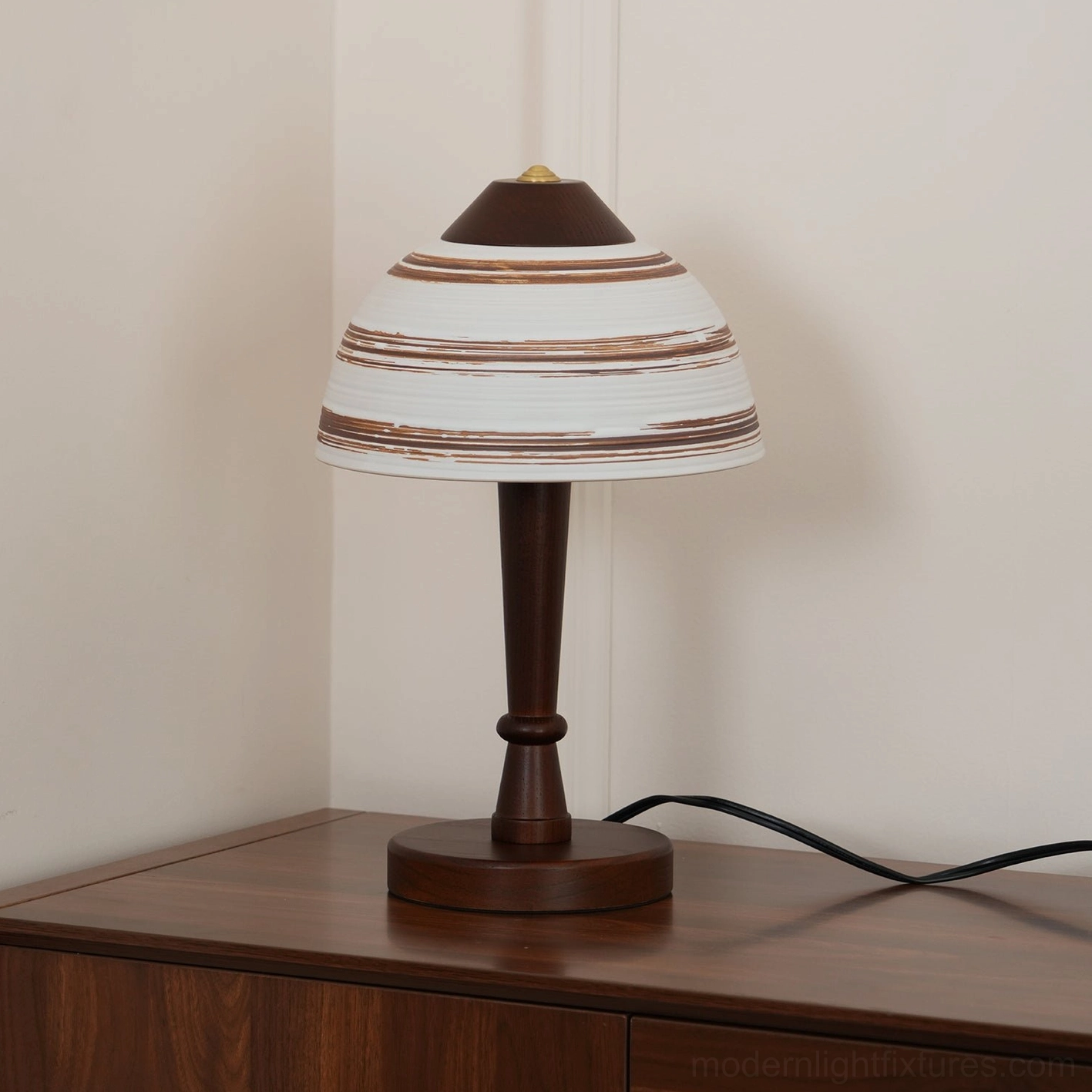 Tera ceramic wood table lamp full product shot showing walnut finish and proportional design