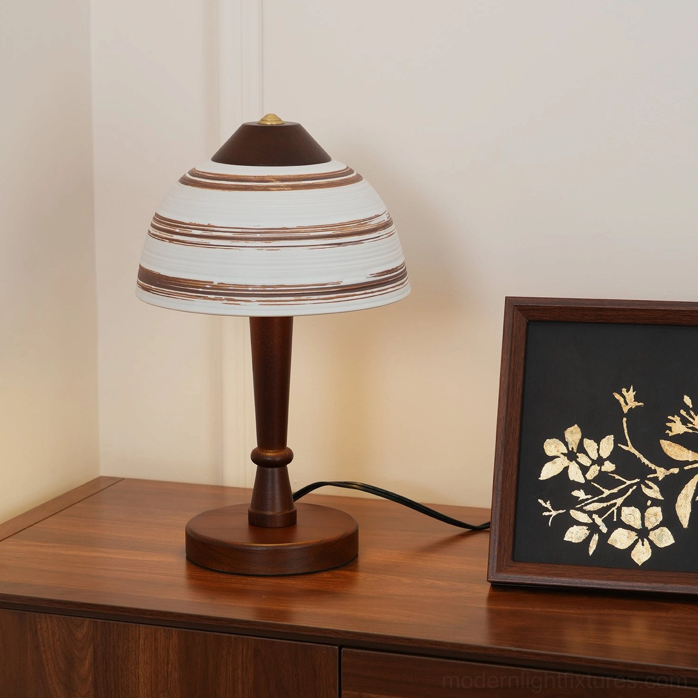 Close-up right side view of Tera table lamp striped fabric shade and wooden stem detail