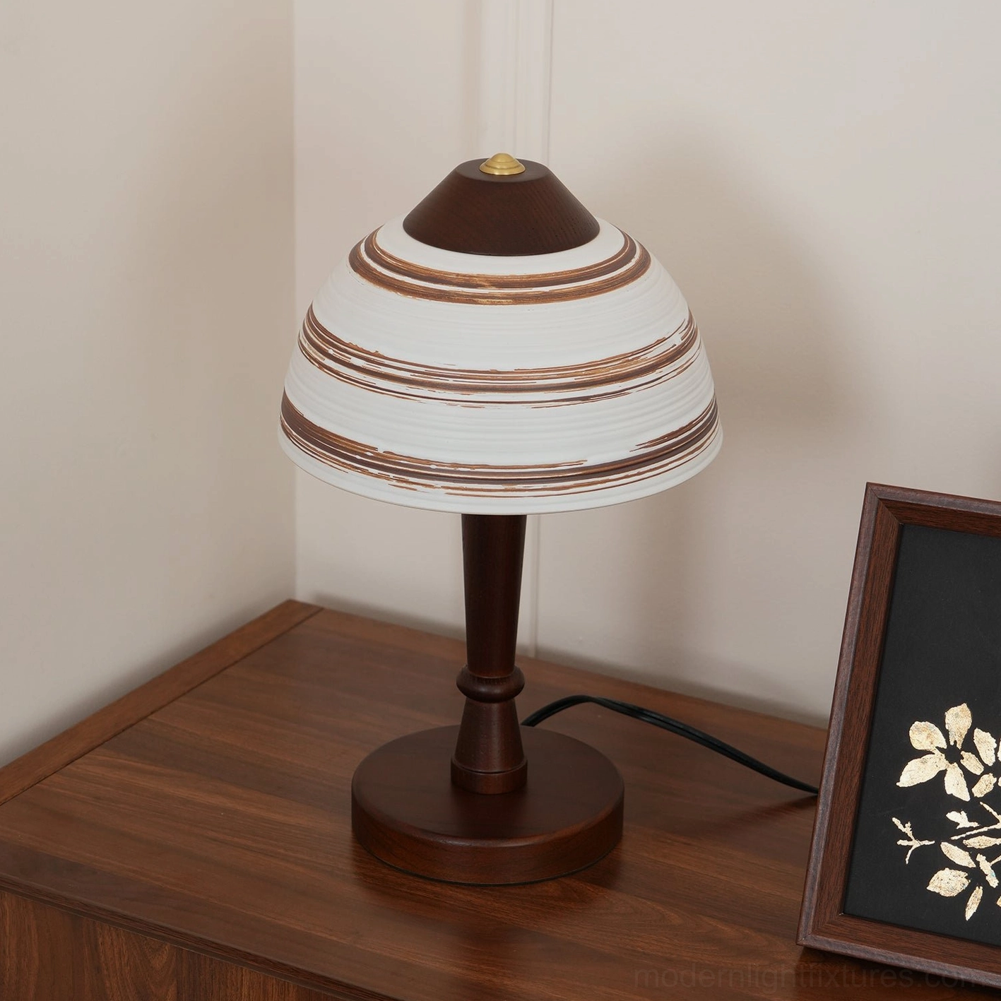 Tera wood base table lamp showing natural material texture and ceramic accent placement