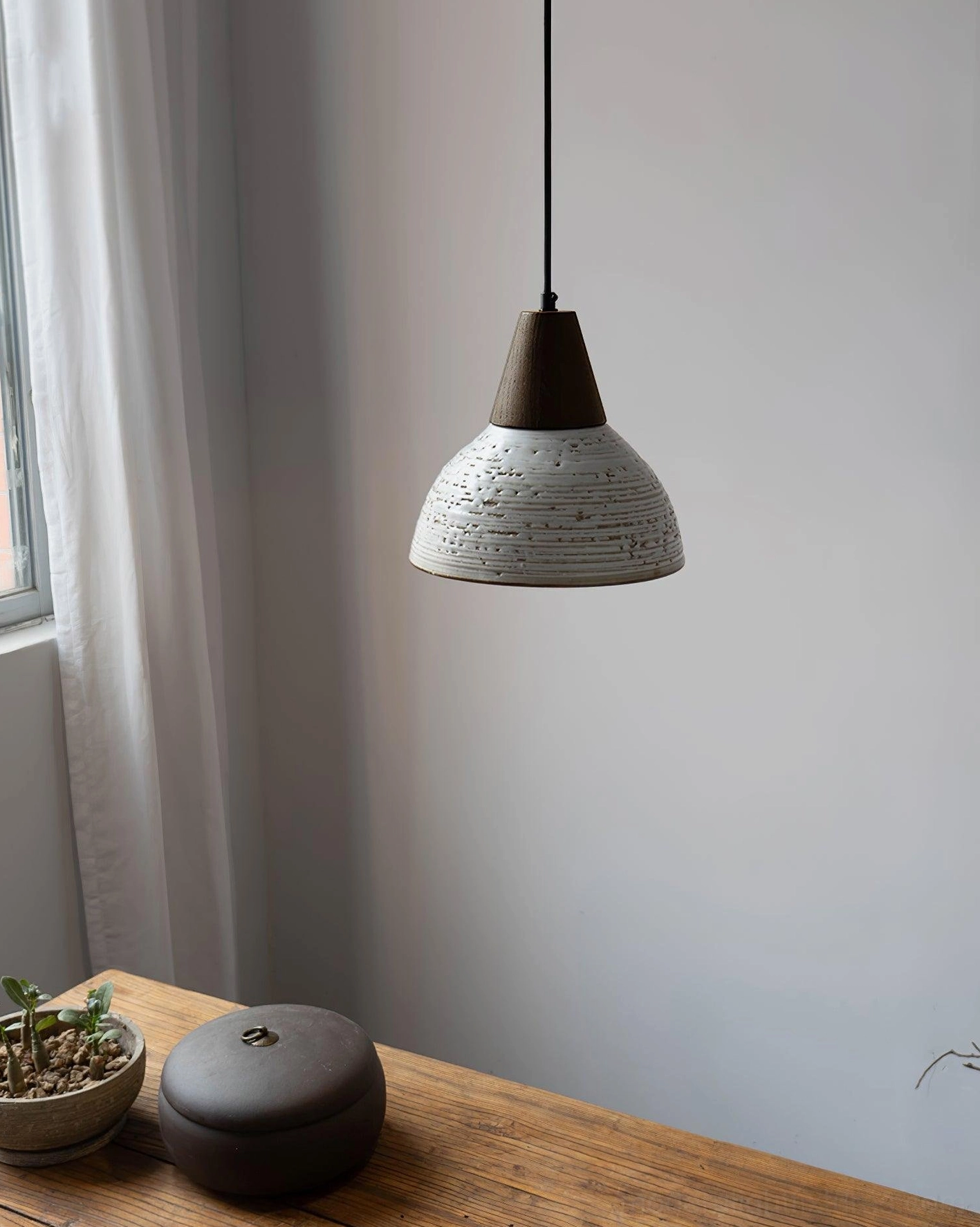 Tera ceramic pendant lamp walnut and white color option, modern artisan lighting fixture with handcrafted ceramic elements
