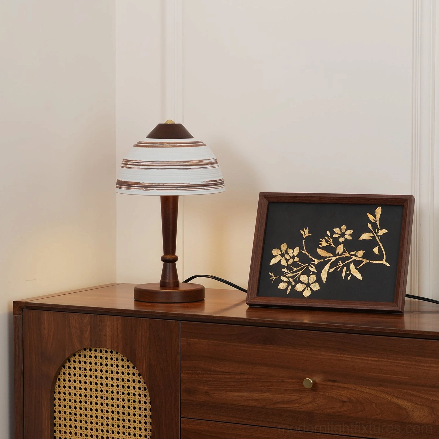 Tera table lamp side profile showing entire wooden base stem and ceramic component construction