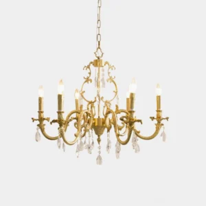 Teresa Brass Crystal Chandelier front view studio photography with clear crystal pendants and polished gold finish