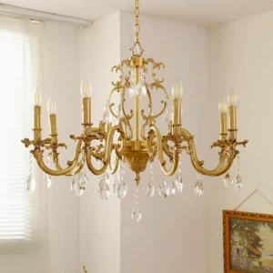 Teresa Brass Crystal Chandelier overhead indoor hanging view in minimalist white living room with warm lighting