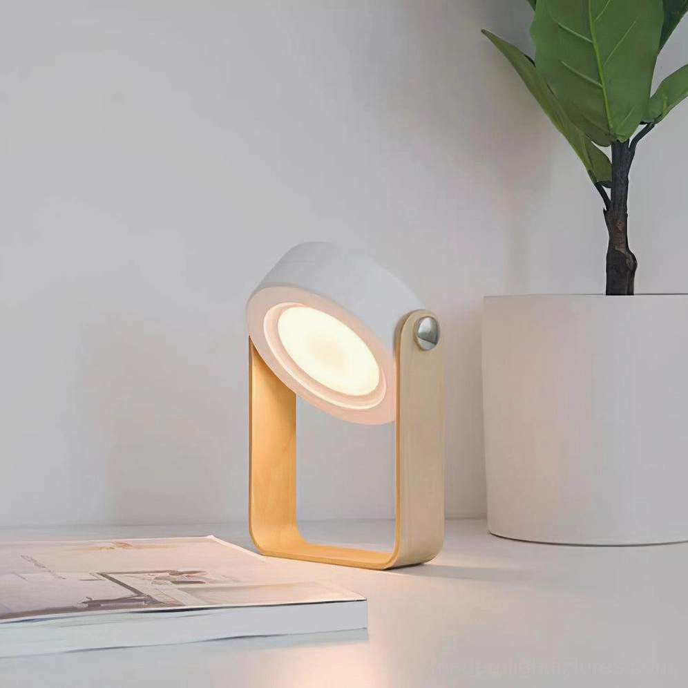 Terna Portable Table Lamp - Front oblique view styled on home office desk with potted plant and book