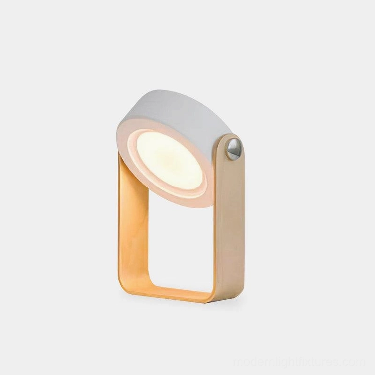 Terna Portable Table Lamp - Front close-up view showing light wood frame, white rotating lamp head, and silver metal hinge details