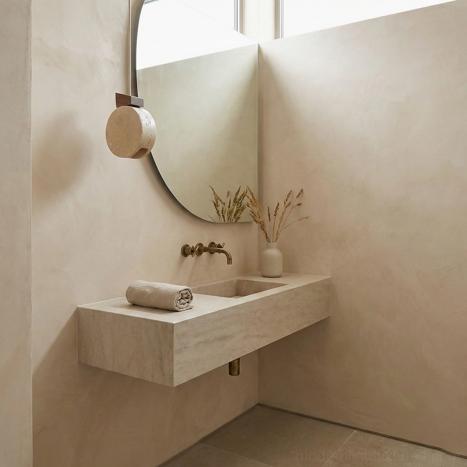 Terra Ring modern travertine pendant light detail shot showing walnut wood fixture and light diffusion