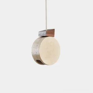 Terra Ring travertine pendant light front view with dark walnut wood top fixture on white background