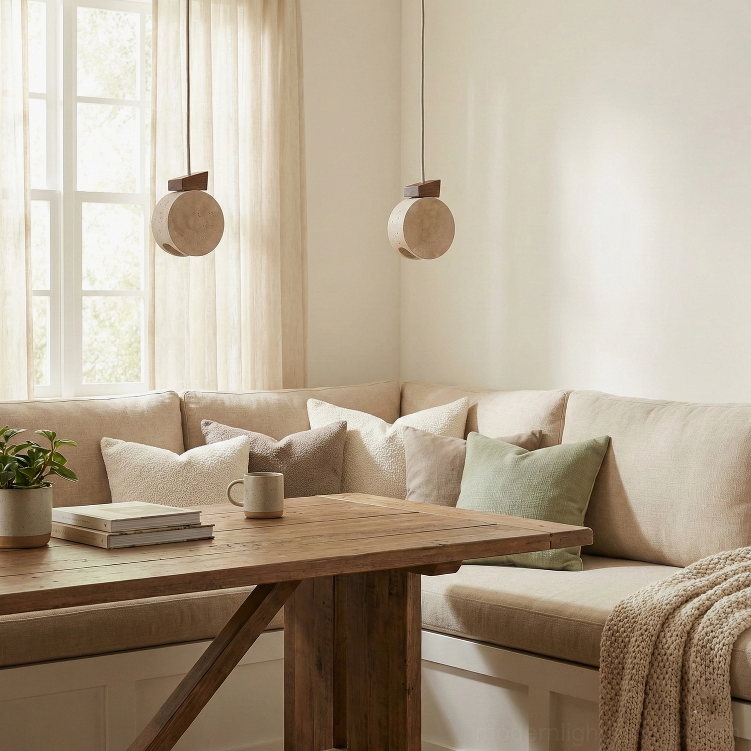 Cozy dining room interior with two Terra Ring travertine pendant lights hanging above wooden table