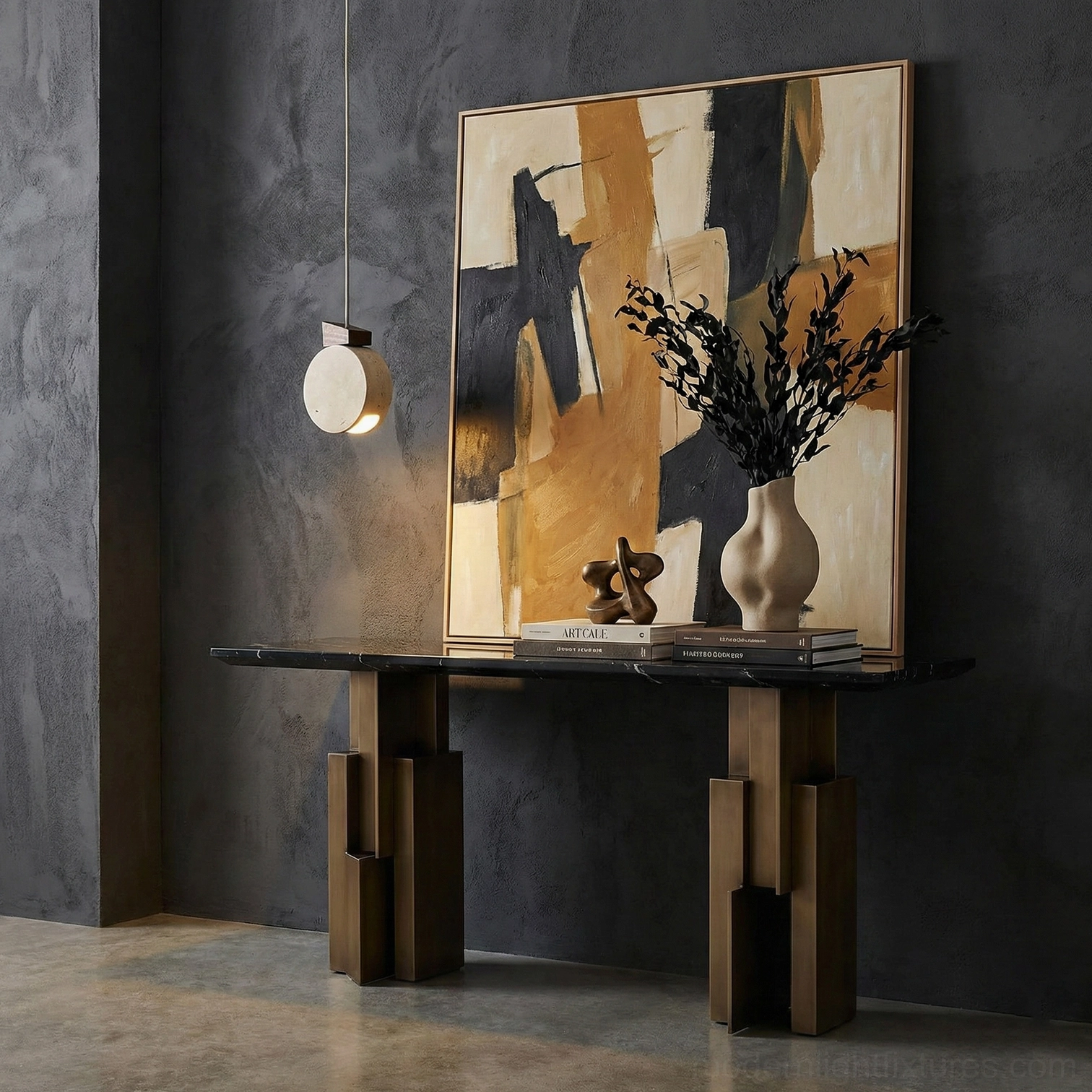 Natural travertine disc pendant light in contemporary interior showing minimalist modern aesthetic and glow