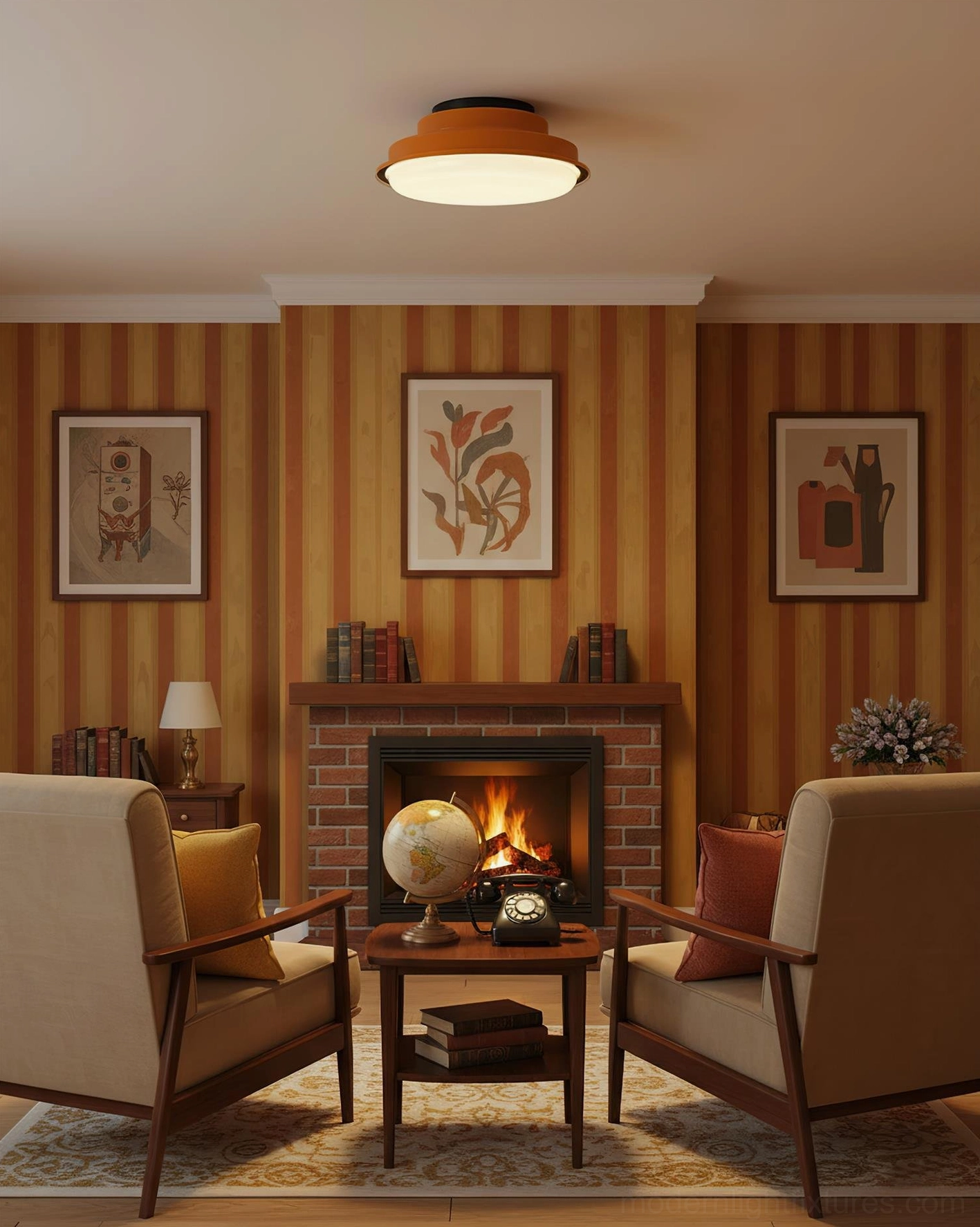 Retro warm style orange-brown terraced ceiling lamp in vintage living room with fireplace and striped accent walls
