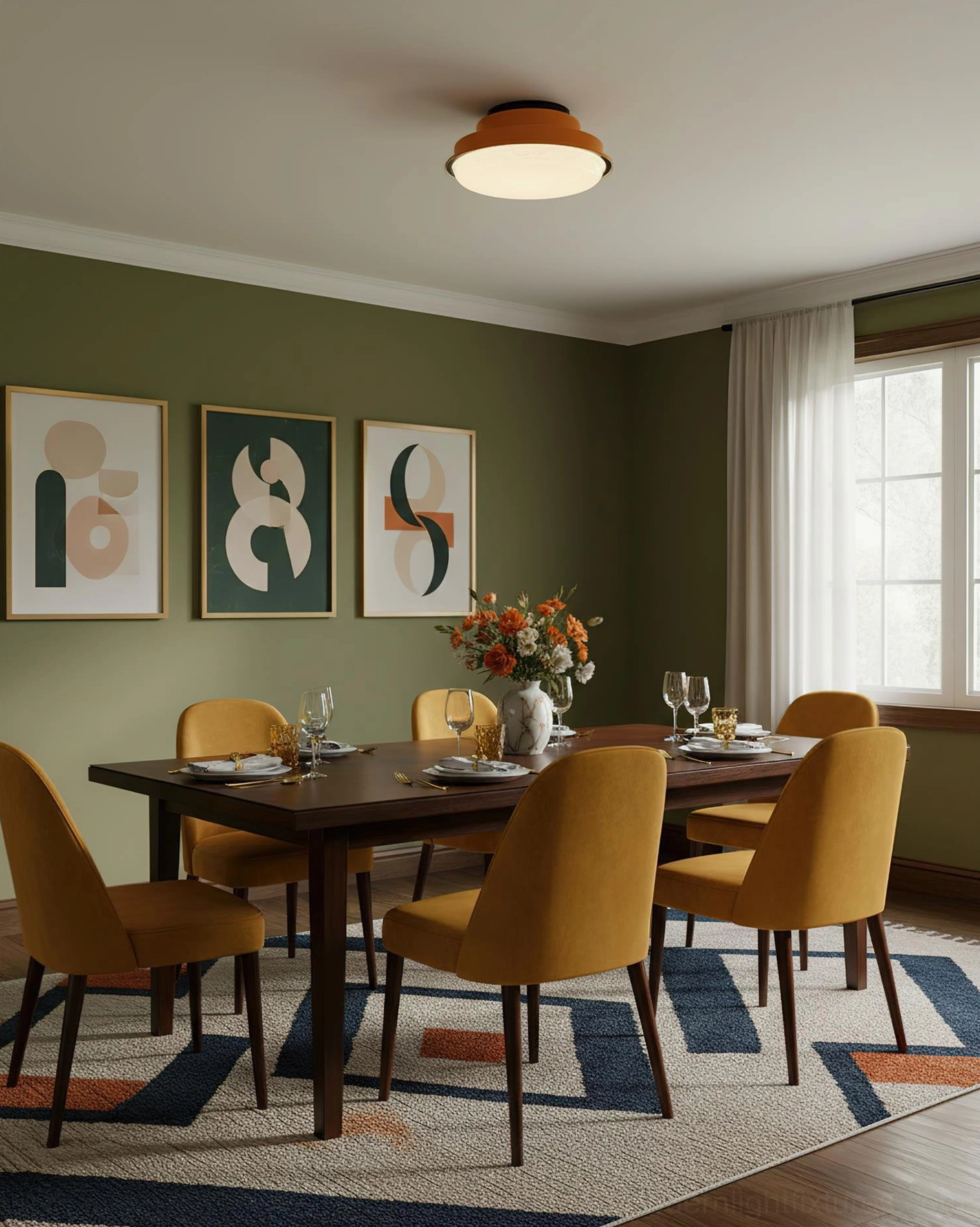 Orange terraced stack ceiling light fixture in modern dining room with green walls and mustard accent chairs