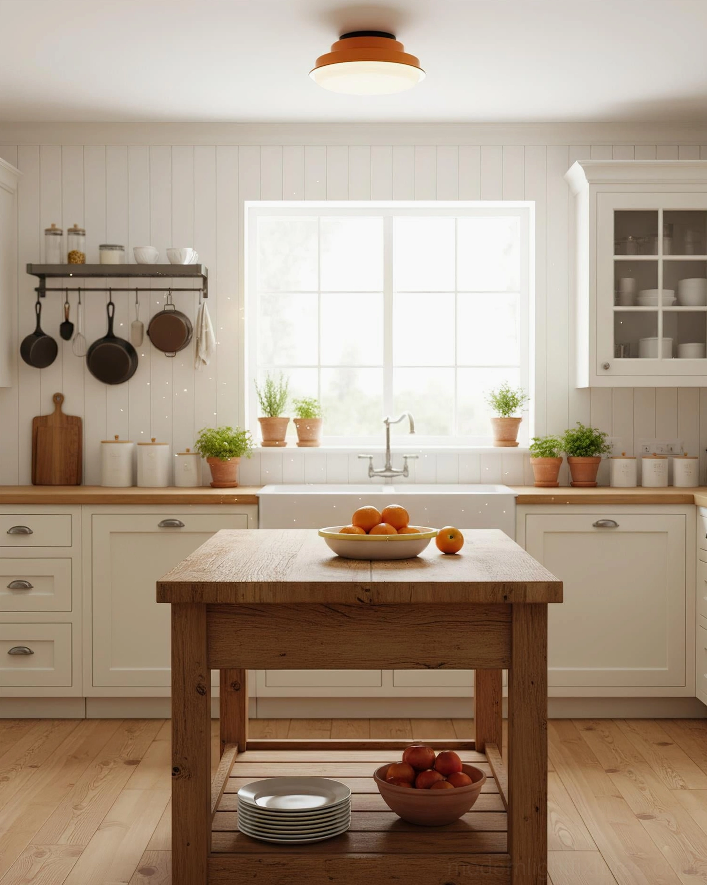 Orange-brown tiered ceiling light mounted above kitchen island in farmhouse style kitchen with rustic decor