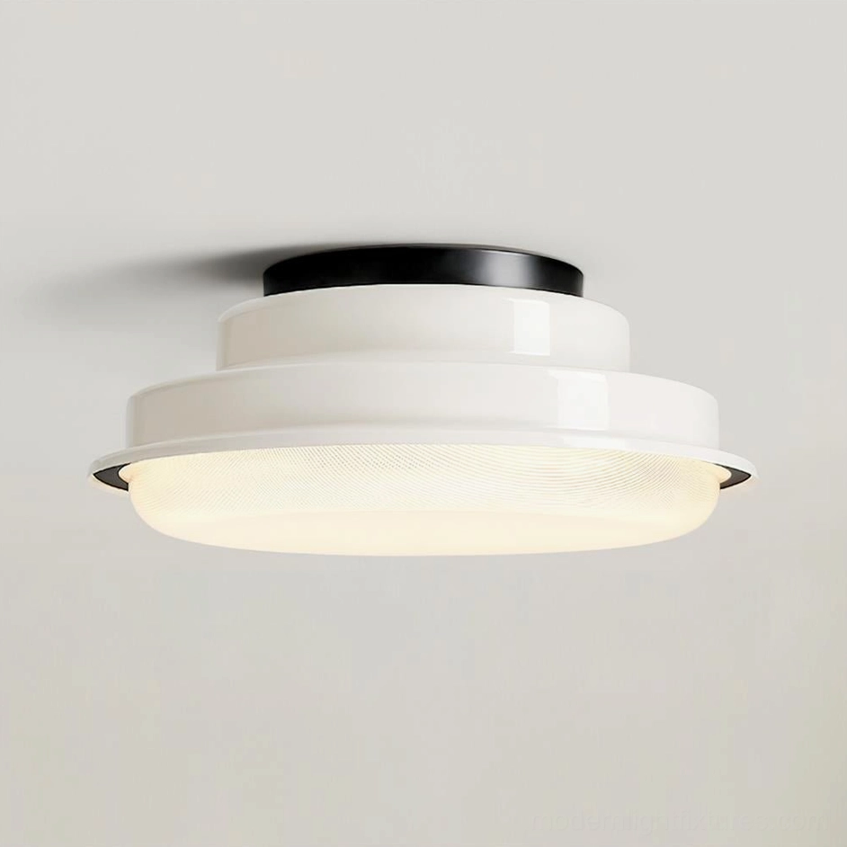 White flush mount terraced stack geometric ceiling light in modern Scandinavian interior design