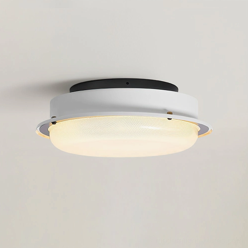 Compact white terraced stack ceiling lamp fixture in contemporary bedroom with minimalist decor