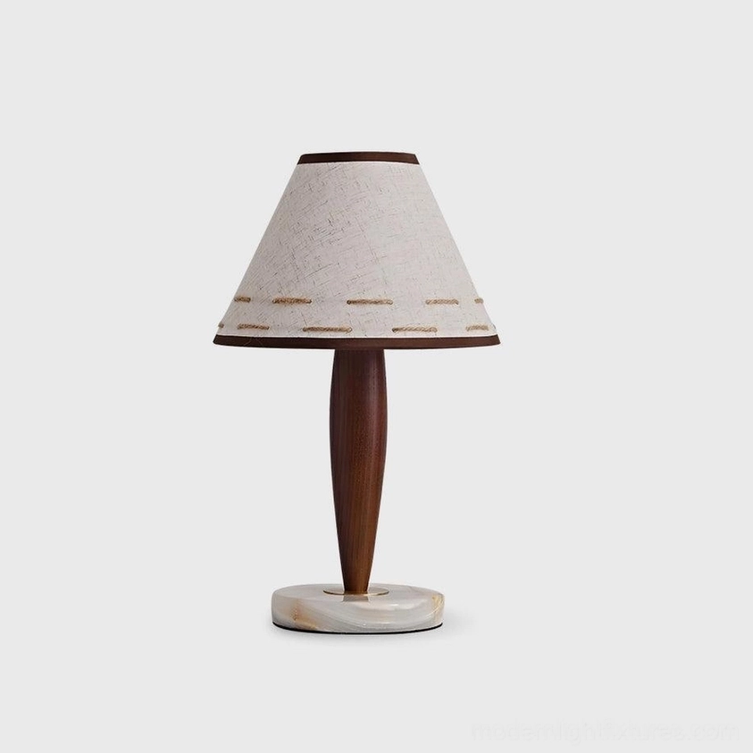 Mid-century modern terracotta table lamp with ash wood pole and handcrafted paper shade - front studio view