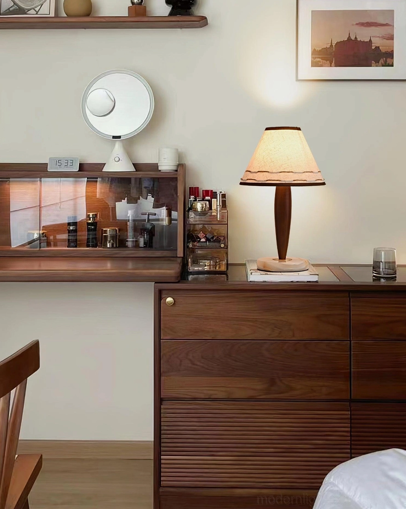 Terracotta table lamp on bedroom vanity desk with makeup mirror - flattering diffused light