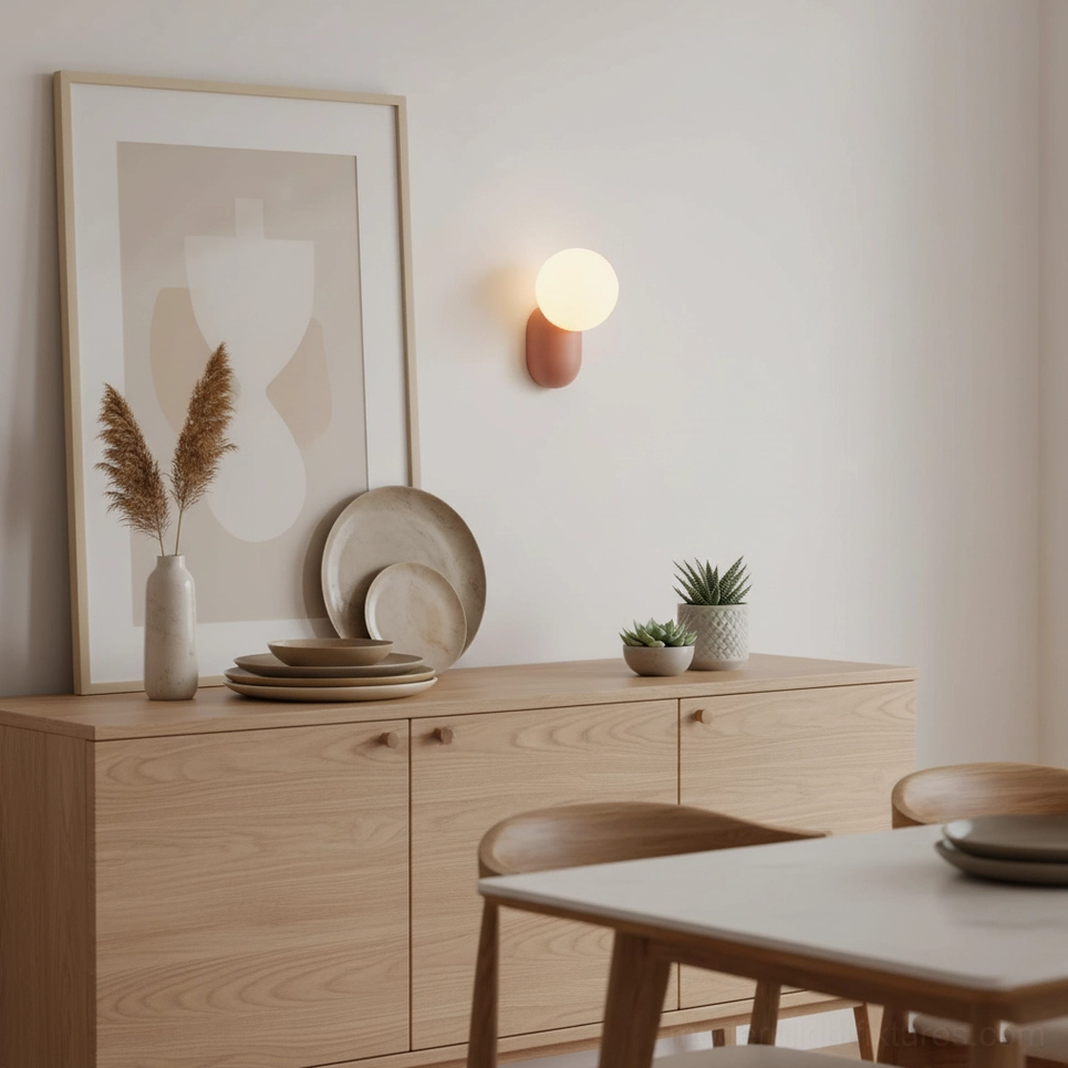 Terracotta base wall sconce with warm white glass shade mounted on dining room sideboard wall