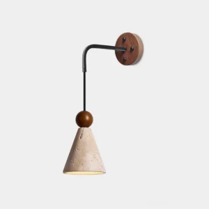 Terrano natural travertine wall sconce with conical shade and walnut wood accent, studio front view on white background