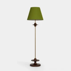 Terrava mid-century modern floor lamp with olive green shade, brass pole, and walnut wood base on white studio background