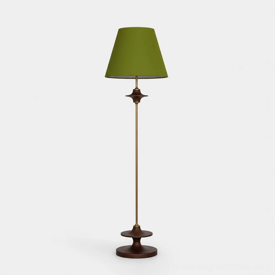 Terrava mid-century modern floor lamp with olive green shade, brass pole, and walnut wood base on white studio background
