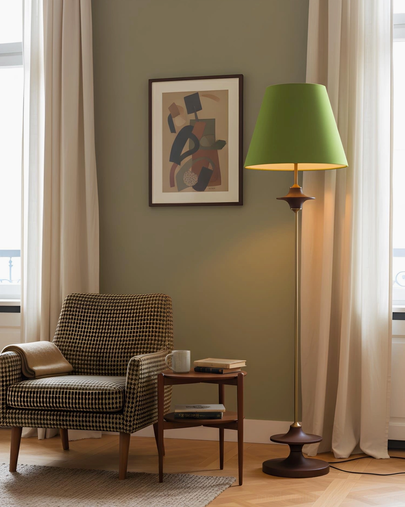 Terrava modern floor lamp with olive green shade and dark metal base in living room with checkered armchair