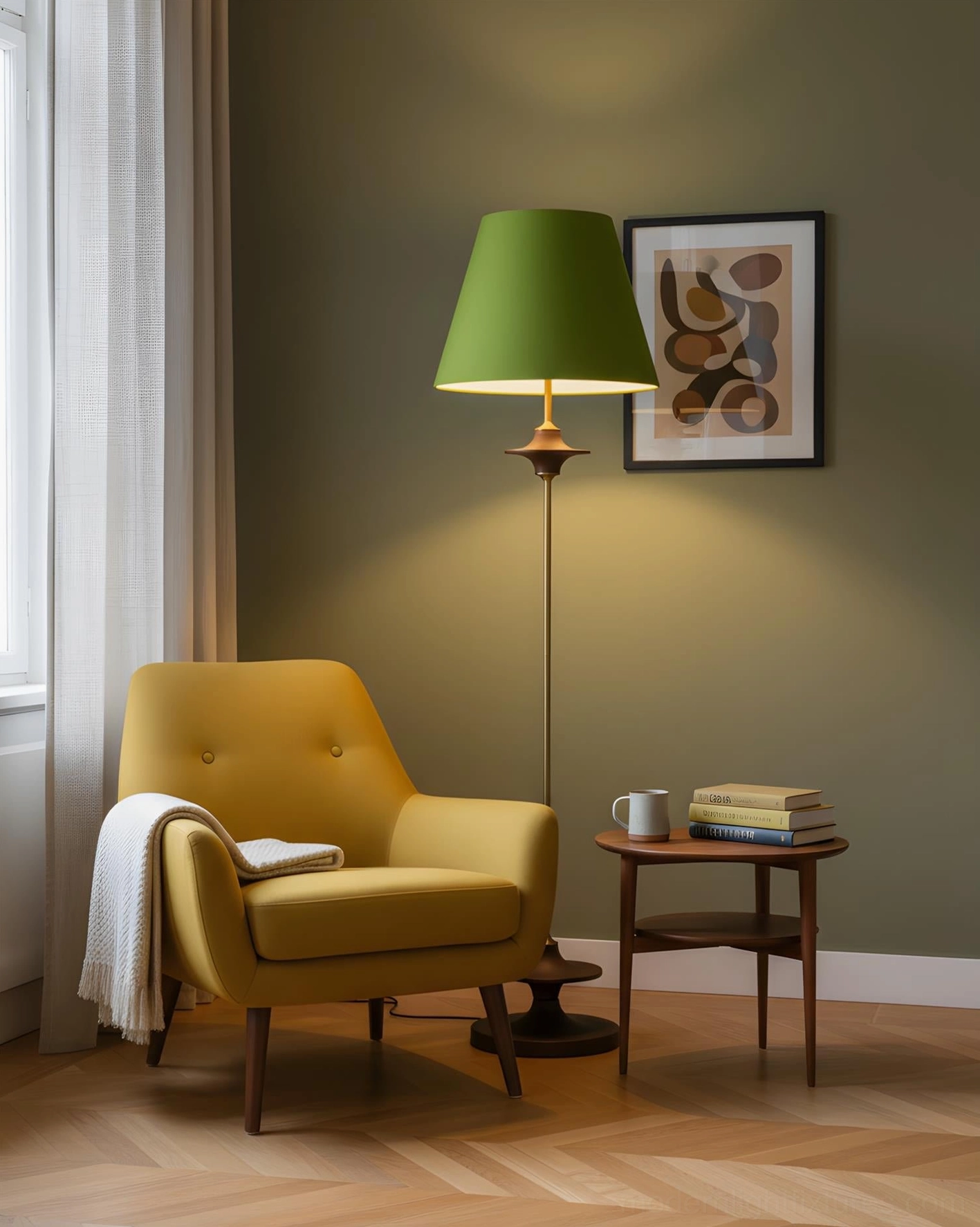 Terrava olive green floor lamp positioned beside yellow armchair and side table in warm traditional interior