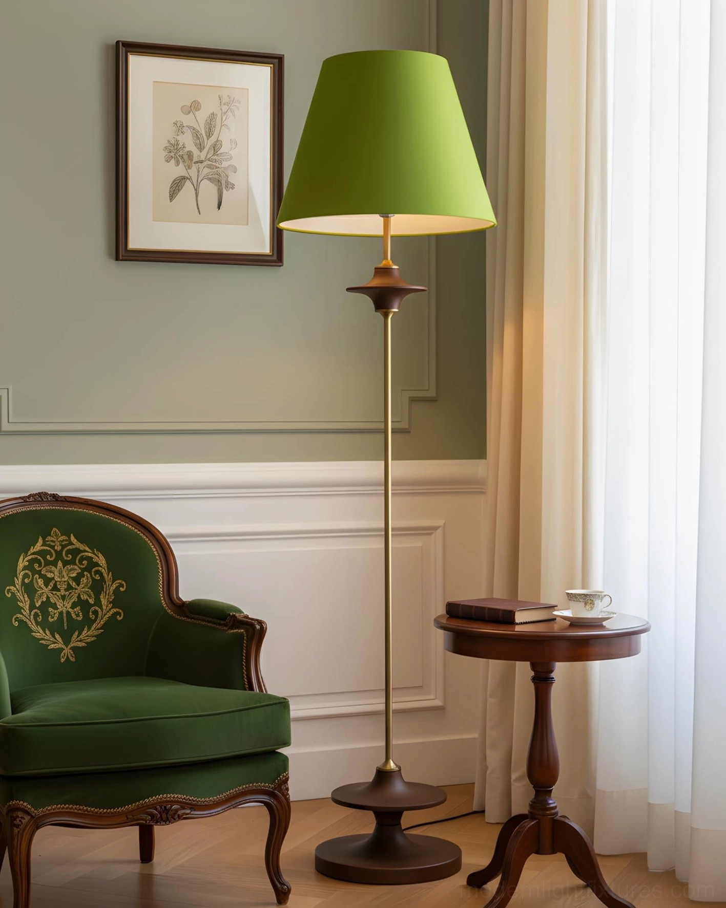 Terrava green floor lamp beside green velvet armchair in elegant classic living room setting