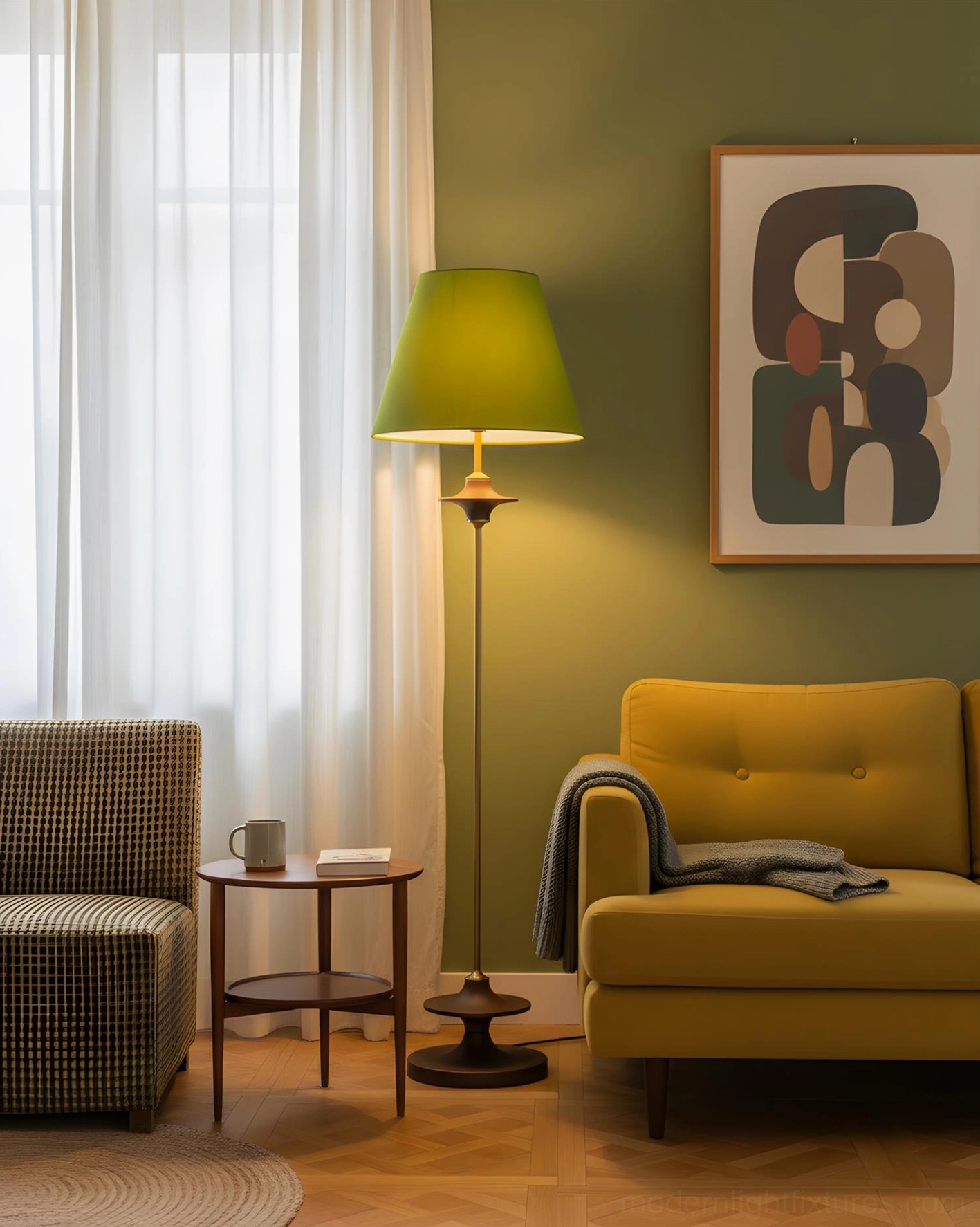 Terrava green fabric shade floor lamp with brass and wood construction in styled home interior