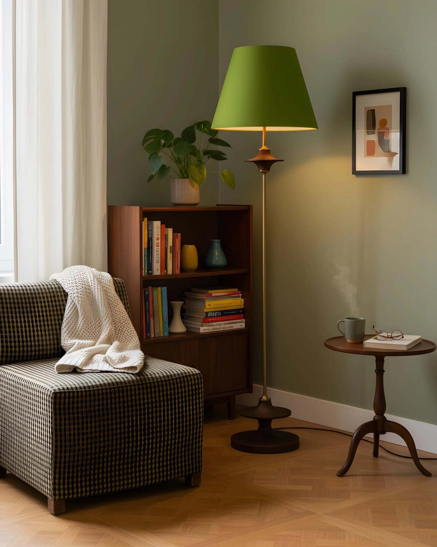 Terrava floor lamp close-up detail showing brass pole, walnut wood base, and olive green fabric shade construction